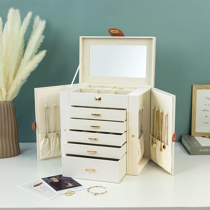 KAMIER Jewelry Box for Women, 6-Layer Large Jewelry Holder Organizer Box with Mirror & 5 Drawers for Rings, Earrings, Necklaces, Bracelets,White