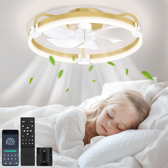 OUTON 20" Ceiling Fan with Light, Remote & App Control, Fandelier Low Profile Flush Mount Ceiling Fan with 3000K-6500K Stepless Dimmable, 6 Speed, Quiet DC Motor, Small Modern Ceiling Fans for Bedroom
