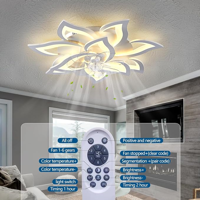 Dalouguan Modern Ceiling Fan with Lights Remote Control, 32" White 6 Speeds 3 Light Color Low Profile Flush Mount Ceiling Fan for Kitchen Bedroom