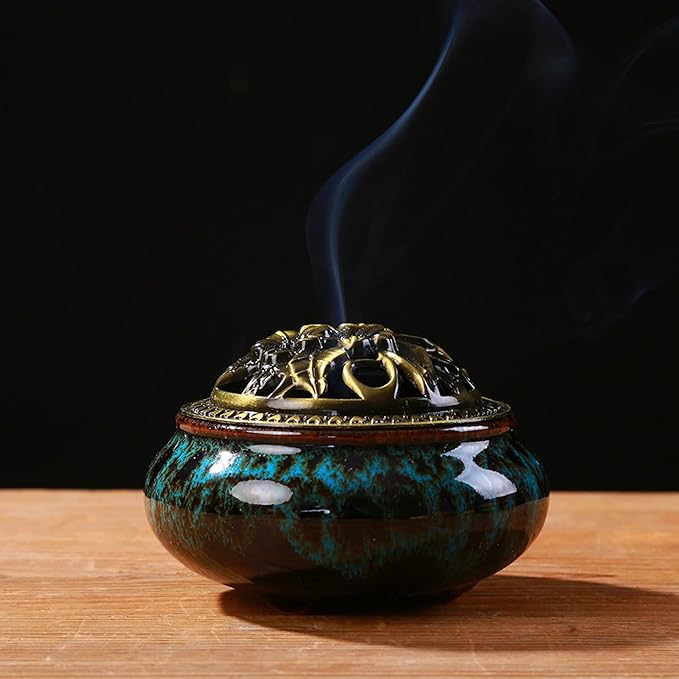 Censer Sky Blue Incense Burner with Calabash Incense Stick Holder - Porcelain Charcoal Censer for Use with Resin Granular Powder Cone or Coil Incense (Blue Fambe)