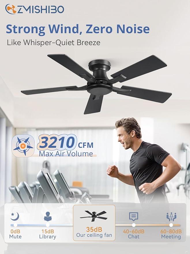 ZMISHIBO 42 Inch Ceiling Fan No Light, Flush Mount Low Profile, Modern Black Ceiling Fan Without Light, Remote Control & Quiet DC Motor, for Indoor&Outdoor, Bedroom, Living Room