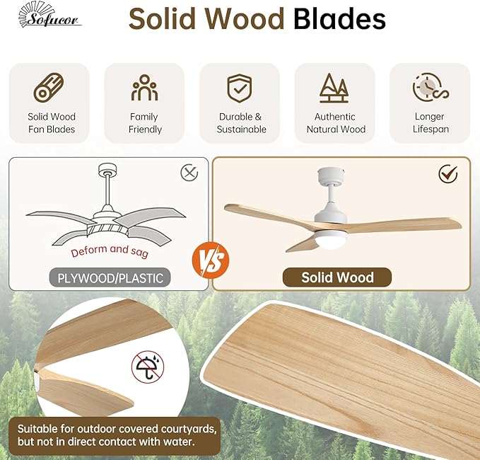 Sofucor 52" Solid Wood Ceiling Fan Lights, Flush Mount & Downrod Mount Ceiling Fan with Lights and Remote, Wood Blades Modern Outdoor Ceiling Fans for Bedroom/Farmhouse/Patio/Indoor
