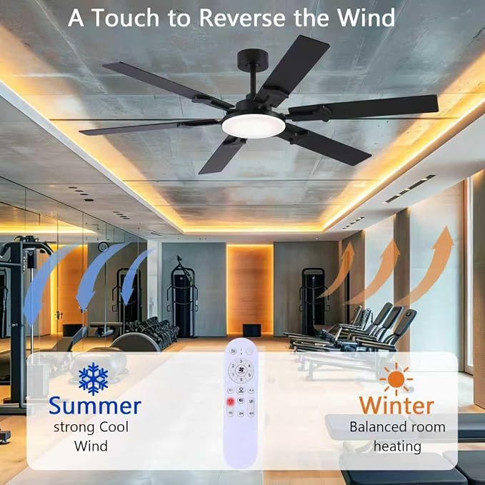 NKPU 66 Inch Large Ceiling Fans with Lights and Remote, Black Modern Indoor/Outdoor Ceiling Fan for Living Room Kitchen Patio, 6 Speed Reversible DC Motor, 3 CCT Lighting, Dual Finish 6 Blades