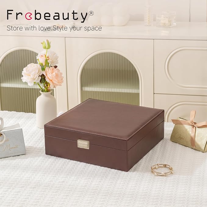 Frebeauty 50 Grid Earring Holder Organizer,2 Layer Jewelry Box for Women | Faux Leather,Velvet Lining,Adjustable Divider,Jewelry Organizer for Ring Necklace and Bracelet,for Home Use and Jewelry Store