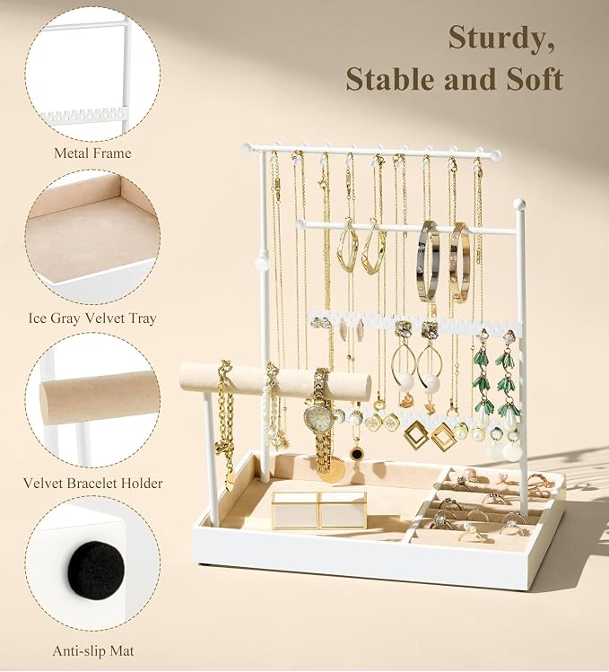 Emibele Jewelry Necklace Holder, 5 Tier Jewelry Organizers and Storage | Earring Bracelet Holder, Jewelry Display with Metal Frame Velvet Ring Tray, Aesthetic Jewelry Stand Gifts for Women, White