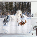 Ambesonne Horses Shower Curtain, Appaloosa Pony and Sable Border Collie Runs Gallop in Winter Photo Print, Cloth Fabric Bathroom Decor Set with Hooks, 69" W x 70" L, Brown White