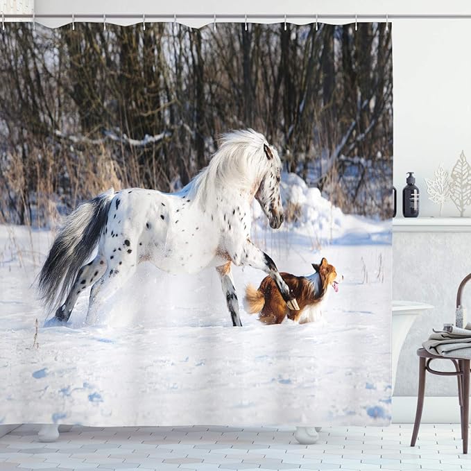 Ambesonne Horses Shower Curtain, Appaloosa Pony and Sable Border Collie Runs Gallop in Winter Photo Print, Cloth Fabric Bathroom Decor Set with Hooks, 69" W x 70" L, Brown White