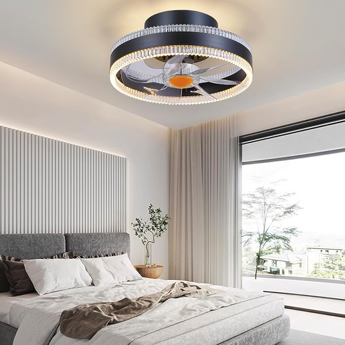 Mpayel Flush Mount Ceiling Fans with Lights - RGB Low Profile Ceiling Fan,13" Small Dimmable LED Bladeless Ceiling Fans, Modern Enclosed LED-RGB Ambient Light for Bedroom, Kids Room, Party