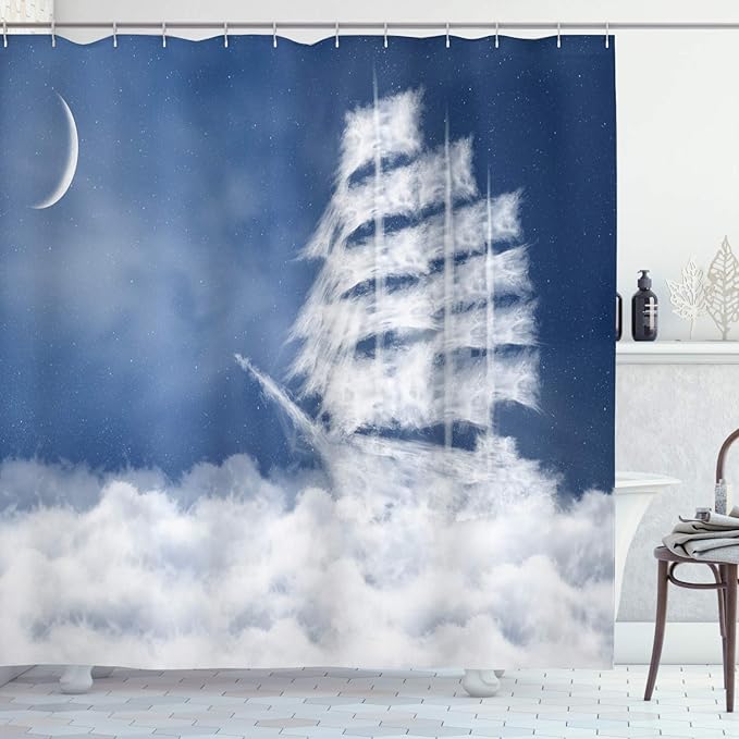 Ambesonne Nautical Shower Curtain, Yacht in The Ocean Madend Shaped with Fluffy Cloudstmospheric Imaginary Sky, Cloth Fabric Bathroom Decor Set with Hooks, 69" W x 84" L, Blue Cream