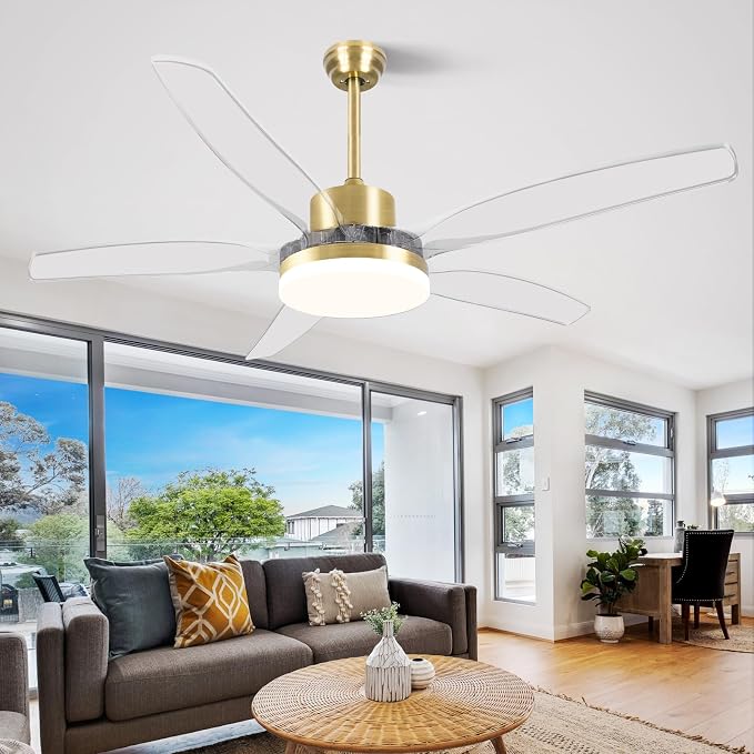 OKELI Smart Ceiling Fans with Light and Remote, Voice Control via WiFi Alexa App, 58 Inch Modern Clear Blades Gold Alexa Ceiling Fan Reversible Dimmable LED Ceiling Fan for Living Room