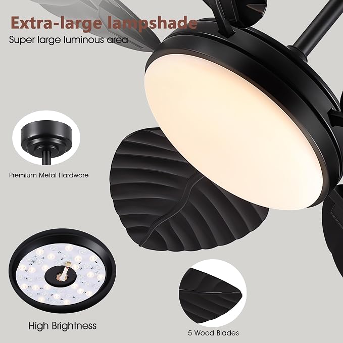 GJeg Tropical Ceiling Fans with Lights and Remote,52Inch Outdoor Palm Leaf Ceiling Fan for Patios Porch Bedroom, Dimmable LED Light, 6 Speeds, Reversible,Black