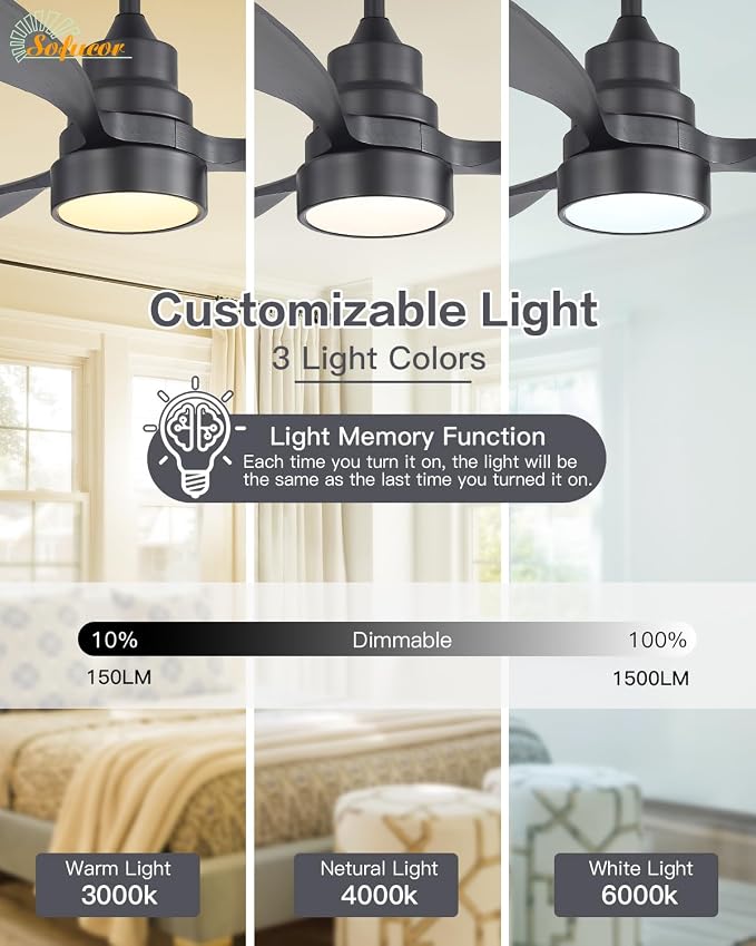 Sofucor 48 Inch Ceiling Fan with Lights and Remote Control, Black | Flush Mount&Downrod Mount, Solid Wood Blade, 1/4/8 H Timer, Quiet DC Motor, Indoor Outdoor Bedroom/Living Room/Patio/Kitchen
