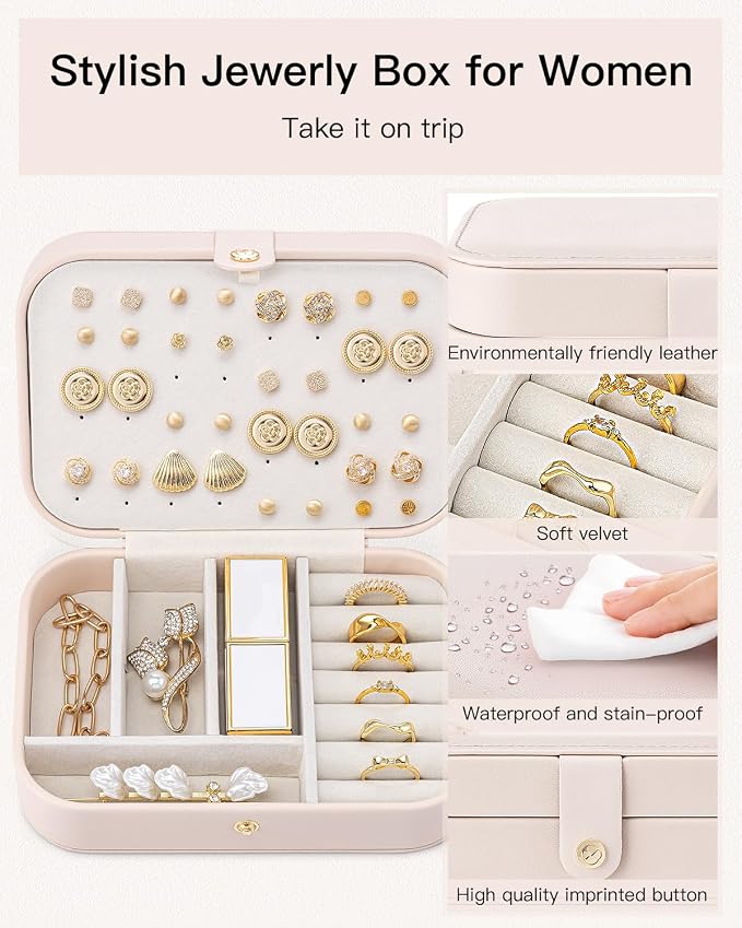 VLANDO Travel Jewelry Case, PU Leather Travel Jewelry Box with Earring Holder, Portable Display Small Jewelry Box for Mothers Day Women Girls Gift - Pink