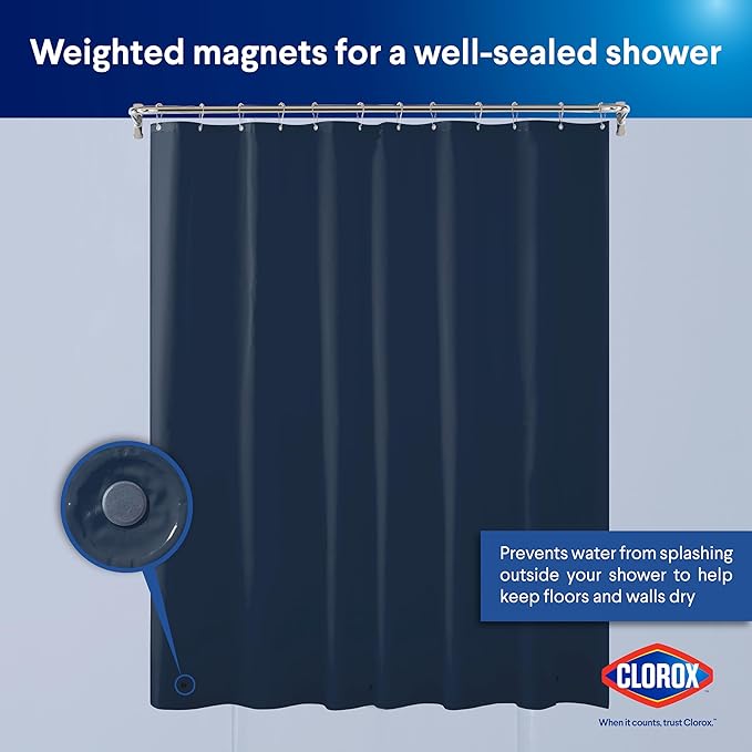 Clorox Shower Curtain Liner, Premium Colored Medium-Weight Durable Waterproof 6g PEVA for Bathroom with Weighted Magnets, Standard Size 72" x 72", Blue