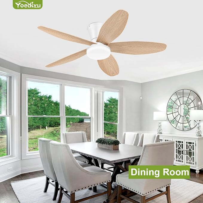 Ceiling Fans with Lights - 42 Inch White&Wood Flush Mount Ceiling Fan 6-Speed Wind, Quiet Reversible DC Motor, 3 Color Dimmable Lighting, Small Low Profile Ceiling Fans for Living Room/Bedroom