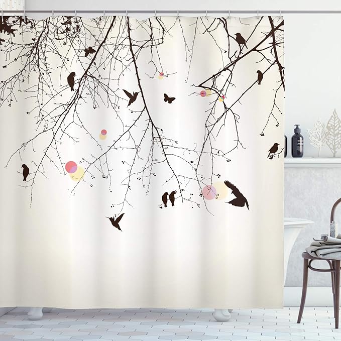 Ambesonne Nature Shower Curtain, Tree Branches Birds and Flowers Floral Spring Season Sunbeams Circles Art, Cloth Fabric Bathroom Decor Set with Hooks, 69" W x 70" L, Pink
