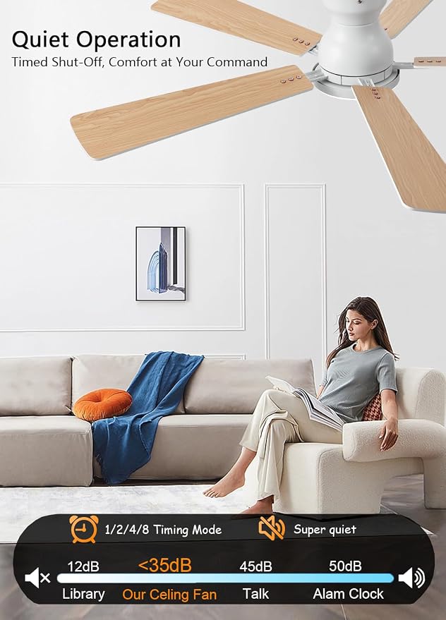 JSAITEE Ceiling Fans with Lights, 52Inch Low Profile Ceiling Fan with Light and Remote/App Control, Modern Flush Mount White Ceiling Fan, 3CCT Dimmable, Reversible DC Motor, for Living Room,Bedroom