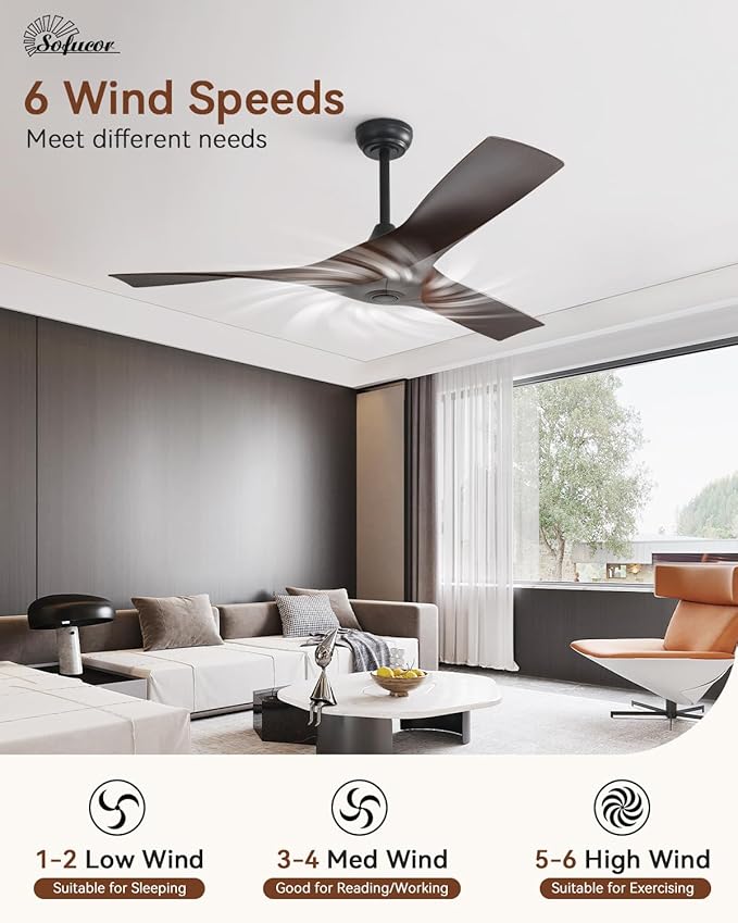 Sofucor 52 Inch Ceiling Fans No Lights, Modern Ceiling Fan with 3 Plastic Blades, 4500CFM 6-Speed 3-Timer Reversible DC Motor, for Bedroom Living Room Patios Office, ETL/FCC