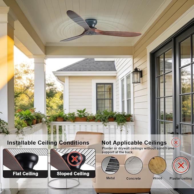 Solid Wood 60in Ceiling Fan Without Lights Flush Mount Ceiling Fans with Remote Control 6 Speeds, Wood Blades Modern Ceiling Fan No Light for Bedroom/Farmhouse/Patio/Indoor