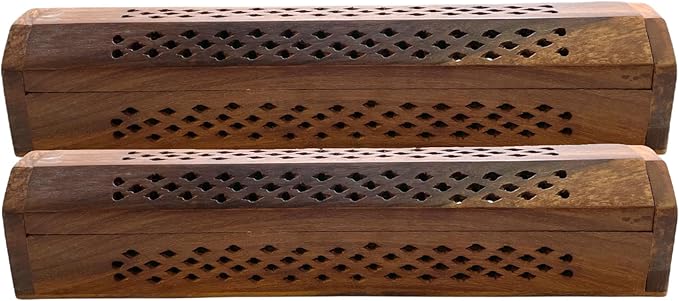2 Pack Wooden Coffin Incense Sticks Burner - 12 Inches Brass Inlays - Storage Compartment (Net Carving)