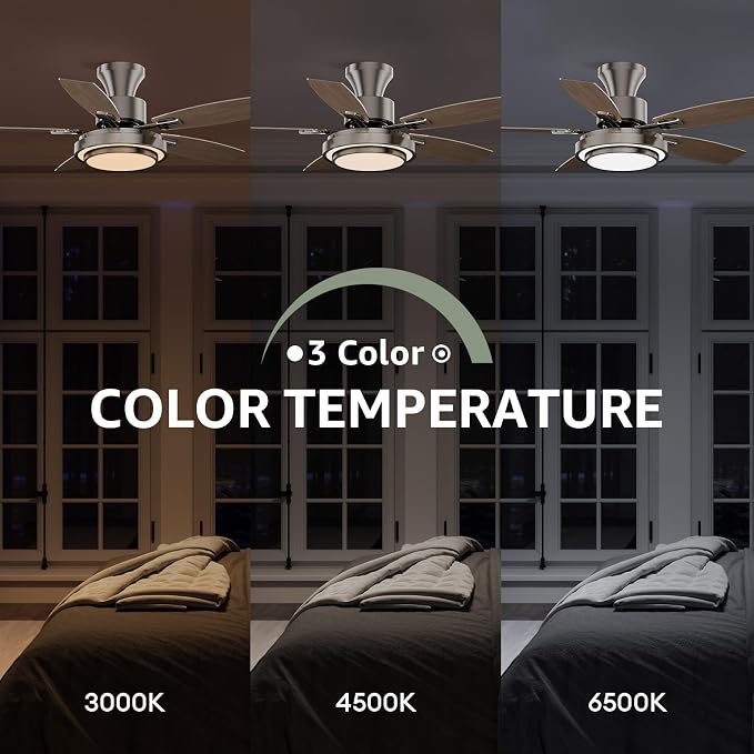 Ceiling Fans with Lights and Remote Control, 42 Inch Flush Mount Ceiling Fan with Quiet Reversible DC Motor, Dimmable LED Lighting, 6 Speeds, Timer, Nickel Ceiling Fan for Bedroom Living Room