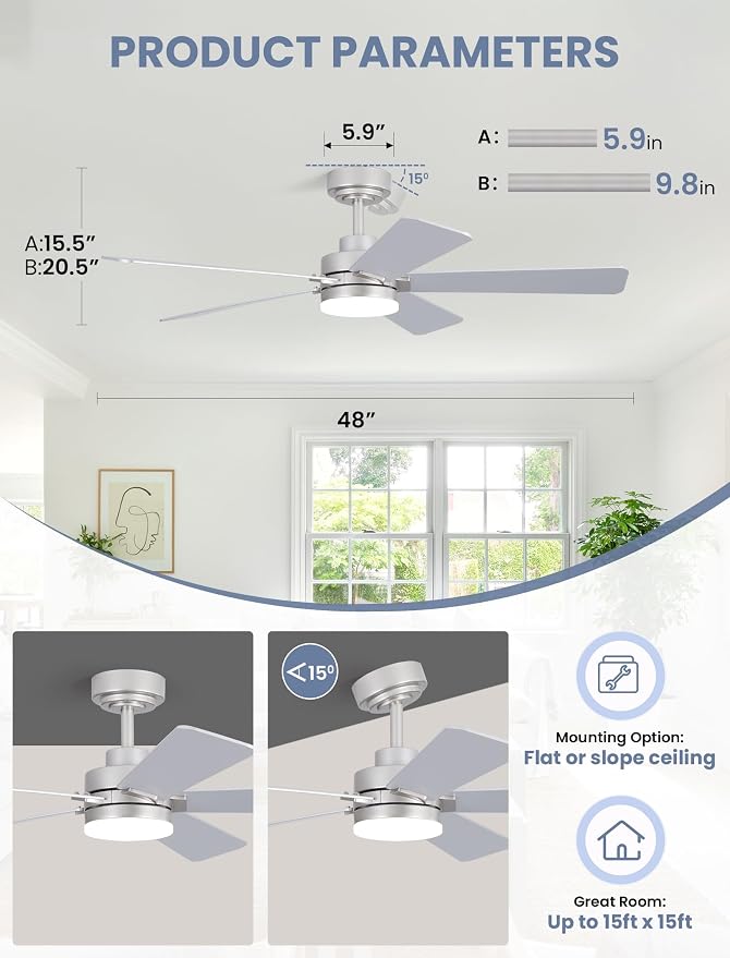 48 Inch Ceiling Fan with Lights and Remote, Downrod Mount, Sloped Ceiling Compatible up to 15°, Quiet Reversible DC Motor, 3CCT Dimmable LED, Nickel Ceiling Fan for Bedroom Living Room