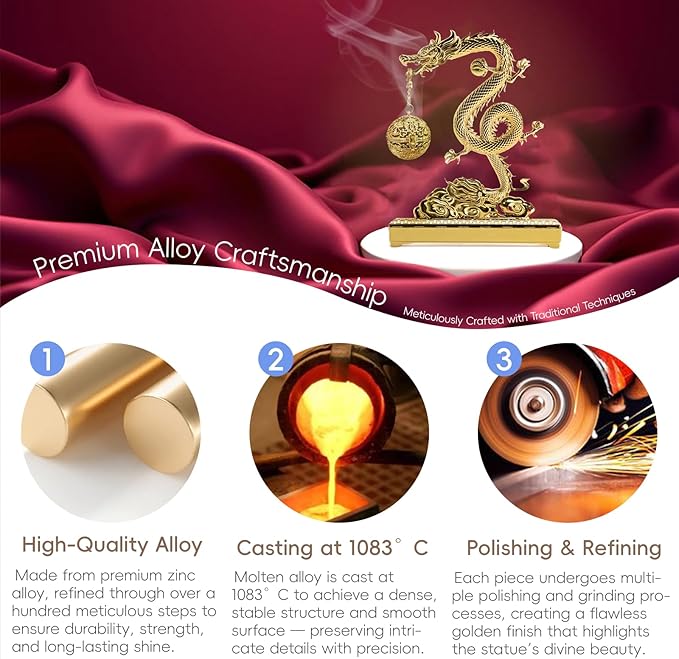 Golden Chinese Hanging Dragon Incense Burner for Sticks & Cones, 2 in 1 Brass Metal Censer with Ash Catcher, Easy to Clean with Brush, Elegant Incensario for Home Decor & Gift Box