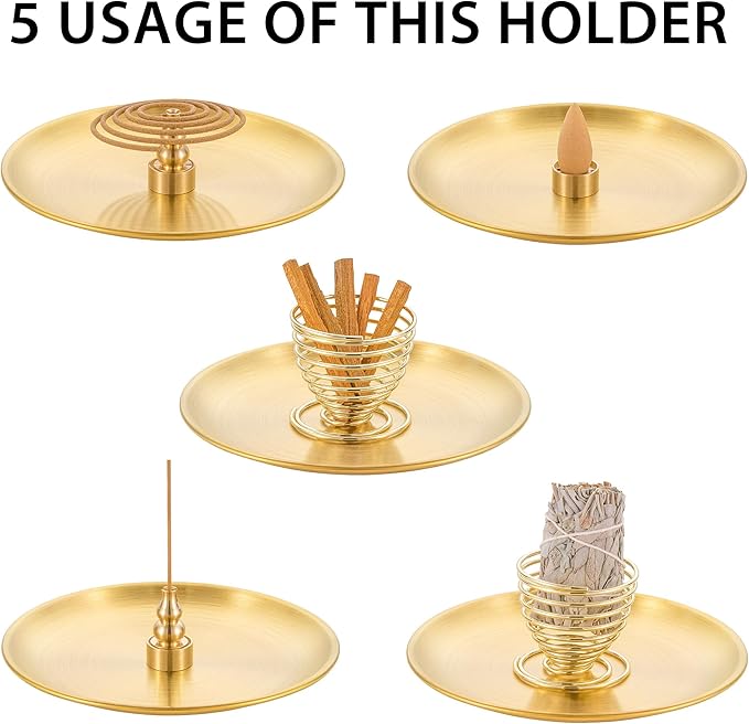 OSOPOLA 4 in 1 Incense Burner - 5.5 Inch Brass Gourd-Shaped Incense Holder for Sticks/Cones/Coils - Multi-Functional Metal Ash Catcher for Meditation, Yoga, Home Decor