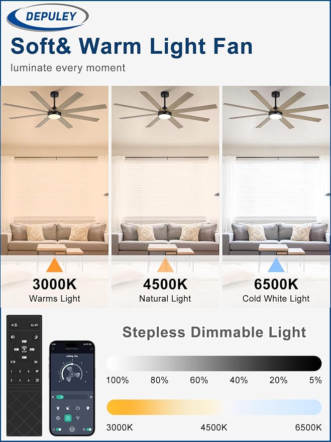 Depuley 72" Ceiling Fans with Lights: Large Indoor/Outdoor Ceiling Fan for Patios Living Room - 8 Blades Wooden Dimmable Ceiling Fans with Remote APP Control Timer Reversible Quiet DC Motor 6 Speeds
