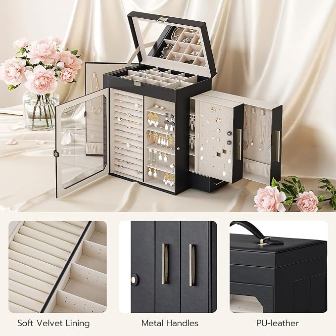 HOOBRO Jewelry Box with Mirror, Travel Jewelry Organizer with Glass Window, Jewelry Storage Case, Vertical Storage, Gift for Loved Ones, for Earrings, Rings, Necklaces, Bracelets, Black BK03JB04G2