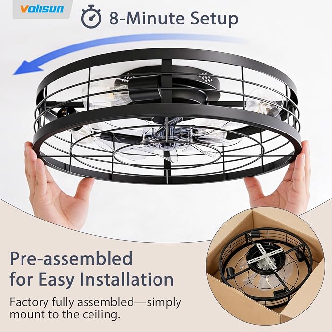 VOLISUN Caged Ceiling Fan with Light and Remote,23.6 inch Fandelier Ceiling Fan with Light Flush Mount, Farmhouse Bladeless Ceiling Fans with Lights for Kitchen,Bedroom