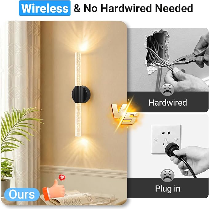 Peel and Stick on Black Battery Operated Wall Sconces Set of 2, Rechargeable Magnetic Wireless Wall Lights for Bedroom, Long Picture Vanity Wall Lamps with Remote&Touch Control, 3CCT&Dimmable Sconces