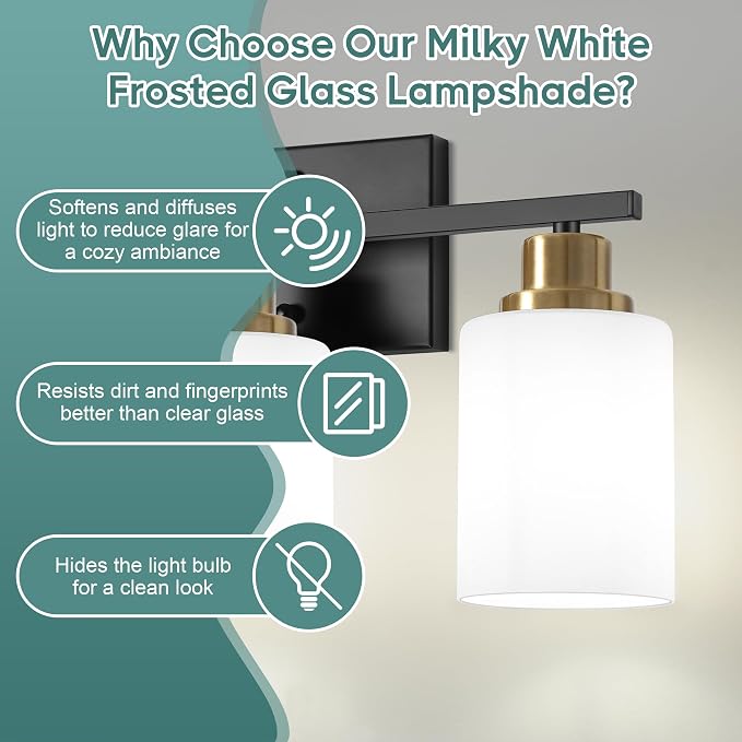 Ascher Bathroom Light Fixtures, 3-Light Vanity Light Over Mirror, Black and Gold Wall Sconces with Milky White Frosted Glass Shades, Wall Lamp for Living Room Bedroom, E26 Base(Bulbs Not Included)