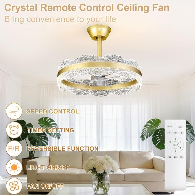 Depuley Fandelier Ceiling Fans with Lights: 20" Gold Cagd Fan with Remote Control - Crystal Chandelier Fan Light for Girl's Bedroom Living Room Nursery