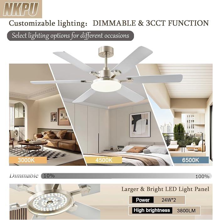NKPU 56 Inch Ceiling Fans with Lights, Large Modern Nickel Ceiling Fan with Light and Remote Control, 6 Double Sided Blades, 6 Speed DC Motor, Dimmable LED, Silent Timing, Indoor Outdoor Patio Use