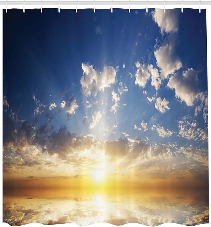 Ambesonne Mystic Shower Curtain, Sunset Reflection on The Sea View Sun Rays Vivid in Horizon Image, Cloth Fabric Bathroom Decor Set with Hooks, 69" W x 75" L, Yellow Brown Blue