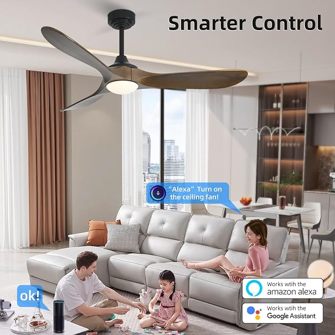 52” Outdoor Ceiling Fan with Light, Compatible with Alexa/Google, 3 Walnut Solid Wood Blade, Noiseless Reversible Dc Motor, Smart Outdoor Wood Ceiling Fan for Farmhouse Patios, Bronze