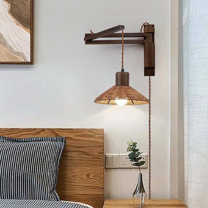 Wood Plug in Wall Sconces, Swing Arm Wall Lamp with Dimmable On Off Switch, Vintage Wall Mounted Light Fixture with Cord for Bedroom Nightstand Bedside Reading Lamp - Bulb Included