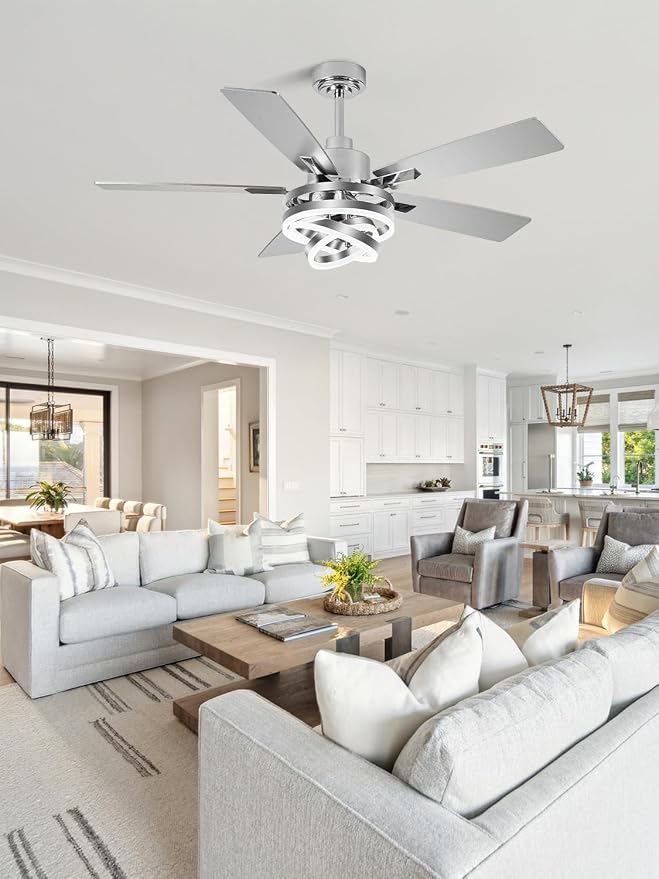Bella Depot 52" Ceiling Fan with Light, Modern Sliver Chandelier Fan with Remote, Rustic Indoor Fandelier Fan with Silent DC Motor for Living Room Bedroom(Chrome)