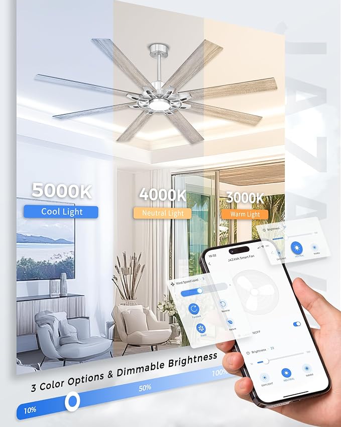72 Inch Brushed Nickel Ceiling Fan with Light, Smart Alexa Control, Large Indoor Outdoor Fan with Dual Finish 8 Plywood Blades for Living Room, Patio, ZCCF05BN-72