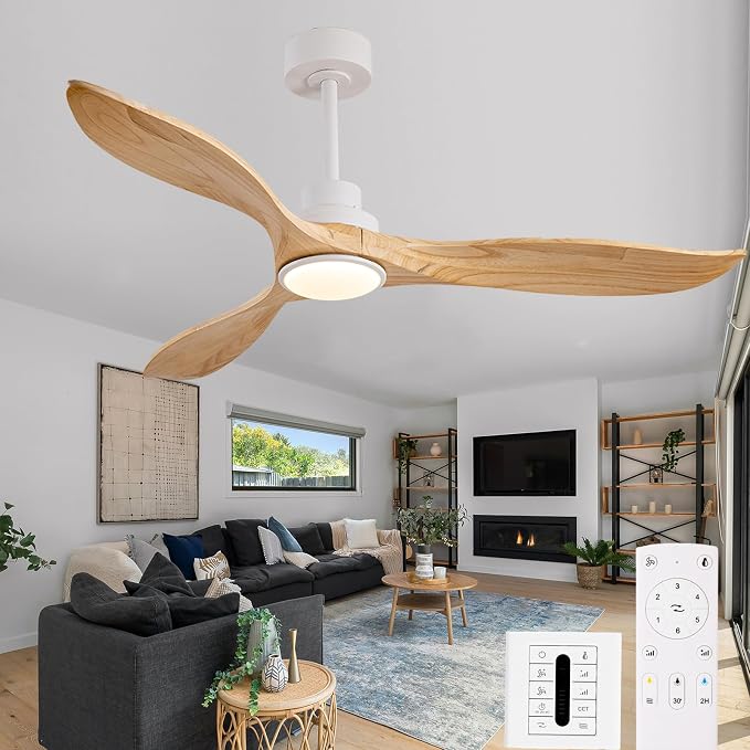 60 Inch Outdoor Solid Wood Ceiling Fans with Lights and Remote,3 Blade Natural Wood Ceiling Fan with Wall Control,Dimmable,3 Downrods, Quiet DC Motor for Bedroom,Patios,Living Room