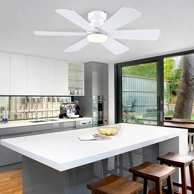 BayDay 46 inch Ceiling Fans with Lights, Ceiling Fan with Remote APP, Dual-Sided Modern/Rustic 6 Blades, Reversible, 3CCT, Flush Mount Low Profile Ceiling Fan with Lights Bedroom Kitchen Indoor White