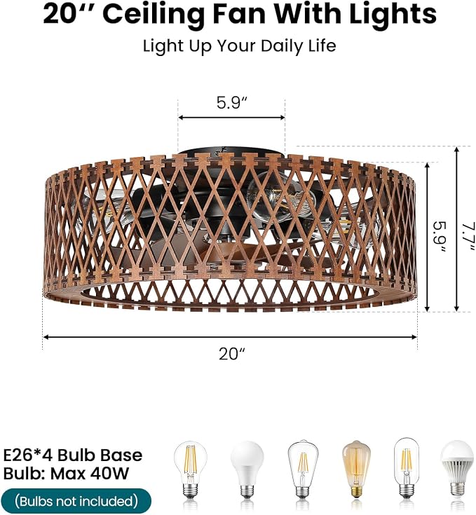 20" Flush Mount Ceiling Fan with Light, Wooden Caged Low Profile Fandelier with Remote, 6-Speed Reversible Bladeless Fan, Farmhouse Ceiling Fan for Bedroom, Kitchen, Living Room