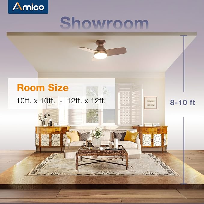 Amico Ceiling Fans with Lights, 30 inch Low Profile Ceiling Fan with Light and Remote Control, Flush Mount, Reversible, 3CCT, Dimmable, Noiseless, Brown Ceiling Fan for Bedroom, Indoor/Outdoor Use