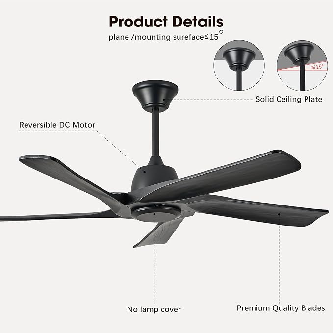 52“ DC Ceiling Fan No Light, 5 Solid Wood Fan Blades, Remote and APP Control, 6-speed Reversible, Quiet Ceiling Fan without Lights for Bedroom, Living Room, Office, Black