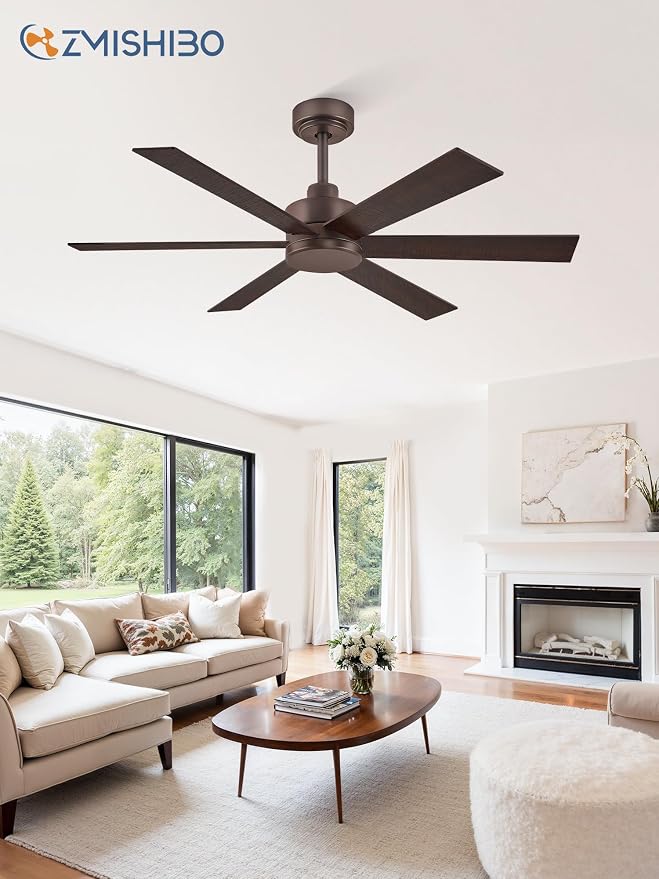 ZMISHIBO 48 Inch Ceiling Fans Without Lights, Farmhouse Ceiling Fan, 6 Blades, Quiet Reversible DC Motor, 6-Speeds, Brown Ceiling Fan With Remote for Living Room, Bedroom, Garage, Indoor/Outdoor Use