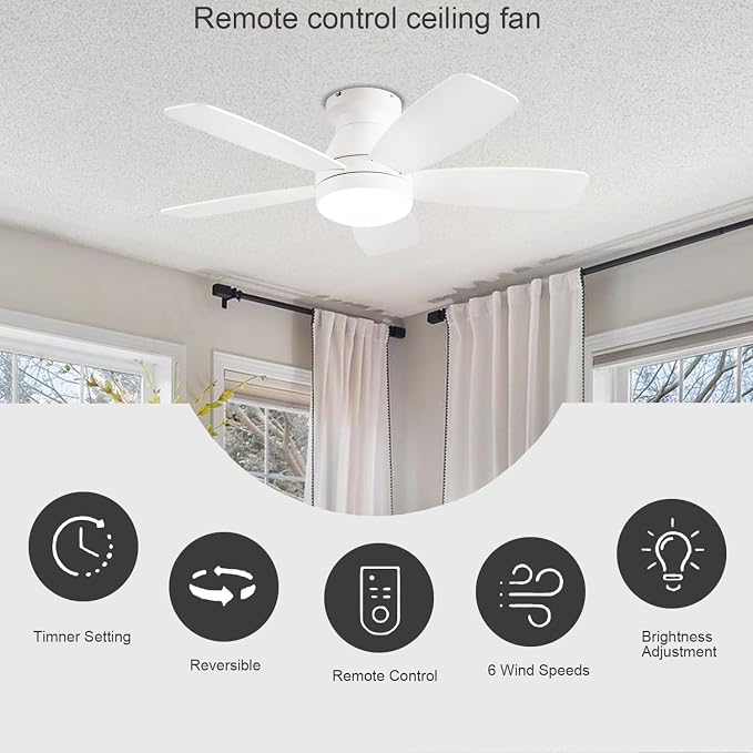 JSAITEE Ceiling Fans with Lights, 42 Inch Low Profile Ceiling Fan with Light and Remote/App Control, Flush Mount, Reversible, 3CCT, Dimmable, Noiseless, White Ceiling Fan for Indoor/Outdoor Use