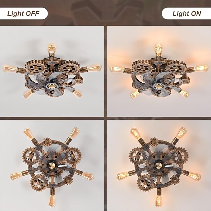 20" Retro Industrial Steampunk Ceiling Fans with Lights and Remote,Low Profile Flush Mount Bladeless Ceiling Fan with Light,Nautical Style 6 Speeds for Bedroom Kitchen Island Bar Cafe