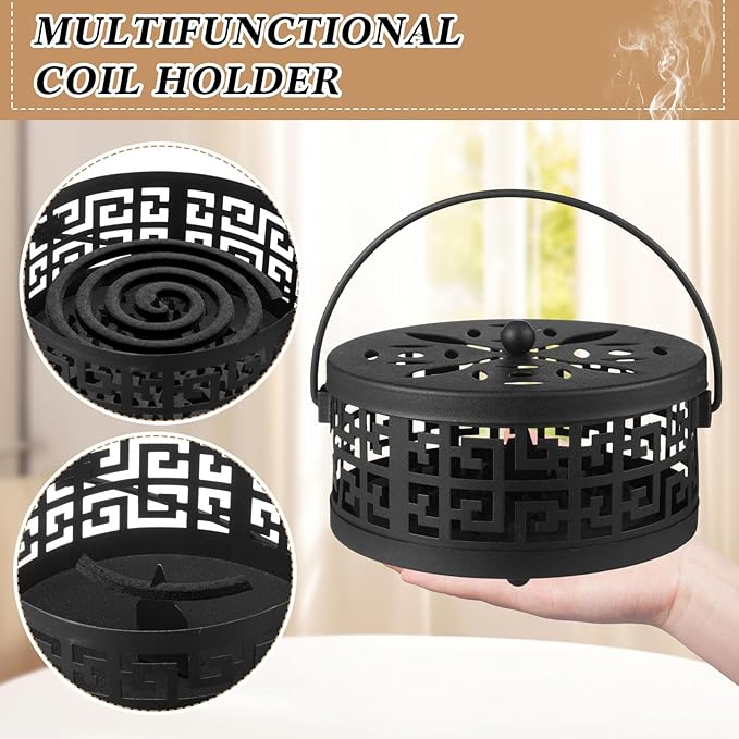 Lallisa 4 Pieces Mosquito Coil Holder Incense Coil Holder Round Retro Portable Metal Hanging Incense Burner with Handle for Home Camping Indoor Outdoor Patio(Black,Metal Sheet Included)