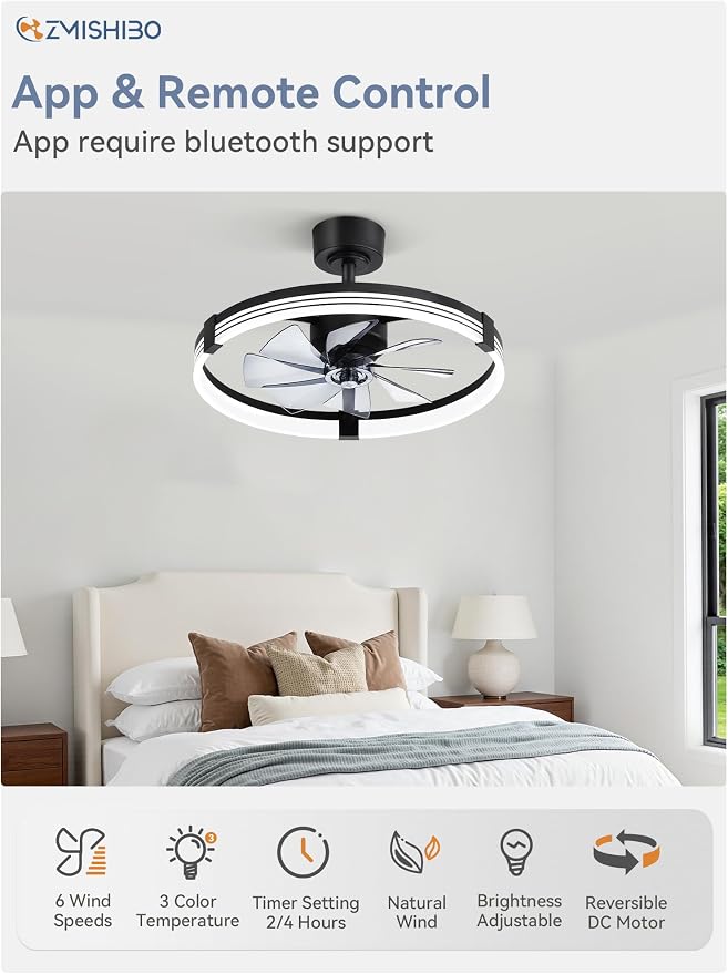 ZMISHIBO 23" Ceiling Fans with Lights and Remote, Low Profile Ceiling Fan with Light, 3 CCT, Stepless Dimmable, 6 Speeds, Noiseless, App & Remote Control, Black Fan Light for Bedroom, Living Room